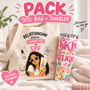 Pack Tote Bag + Tumbler de SKIN IS MY RELIGION con diseño de skincare y protección solar.