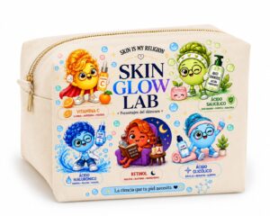 Neceser skincare Skin Glow Lab con personajes de activos de SKIN IS MY RELIGION