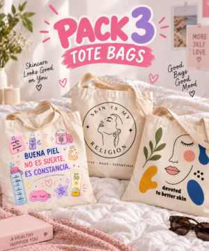 Pack de 3 tote bags de SKIN IS MY RELIGION con diseños de skincare, autocuidado y cuidado de la piel.